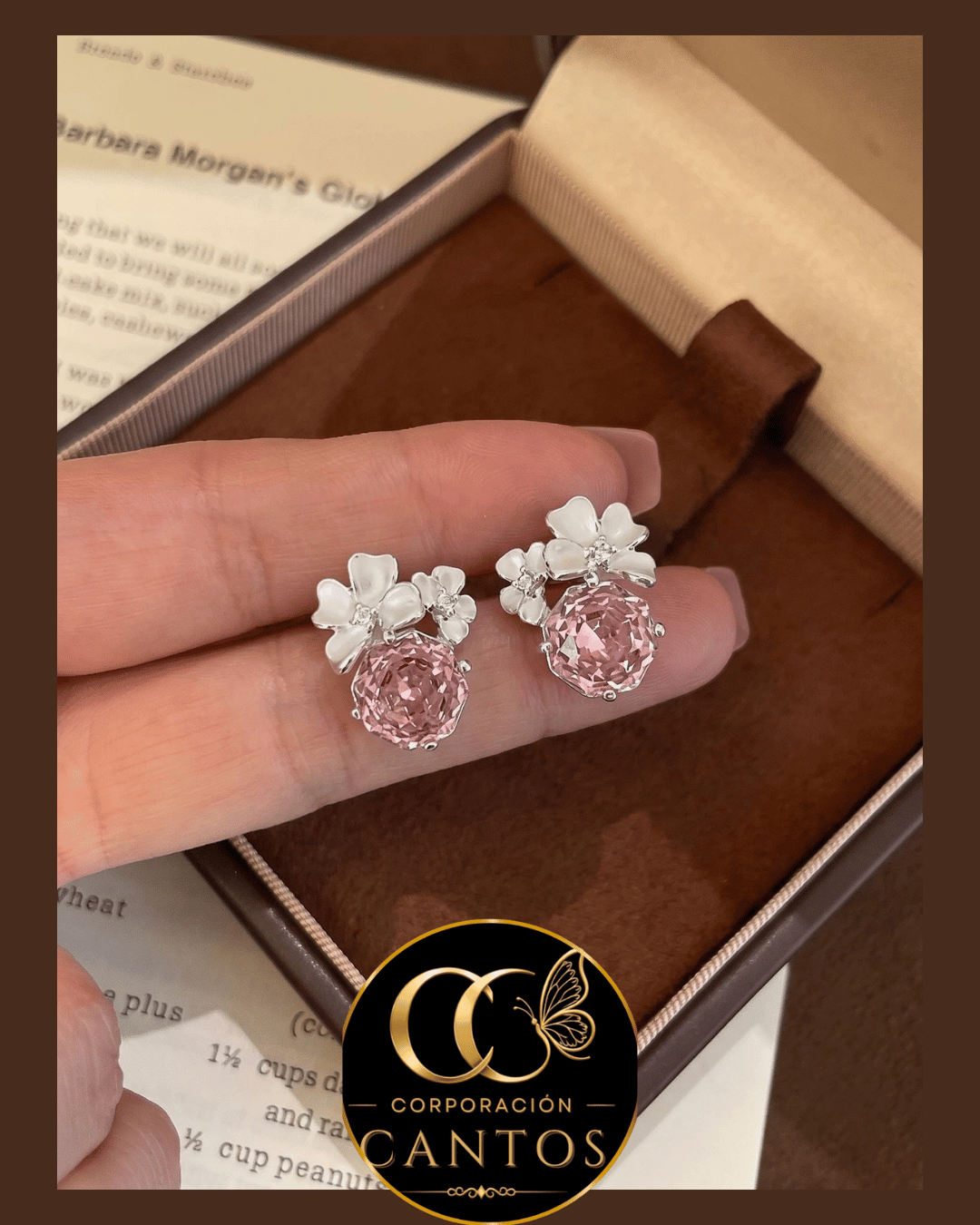 Aretes Gota de Cristal Rosa & Flores (Acero 316L)