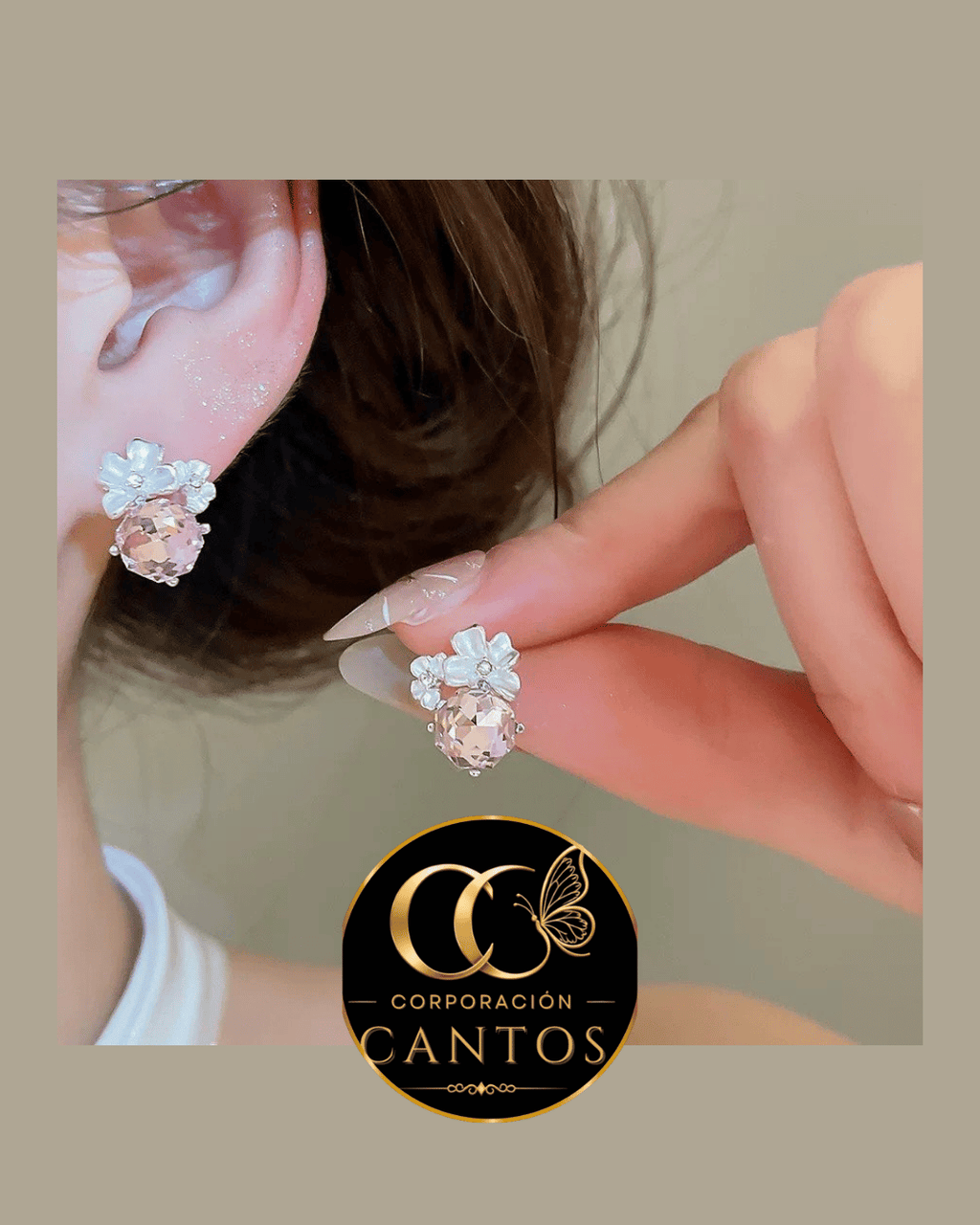 Aretes Gota de Cristal Rosa & Flores (Acero 316L)