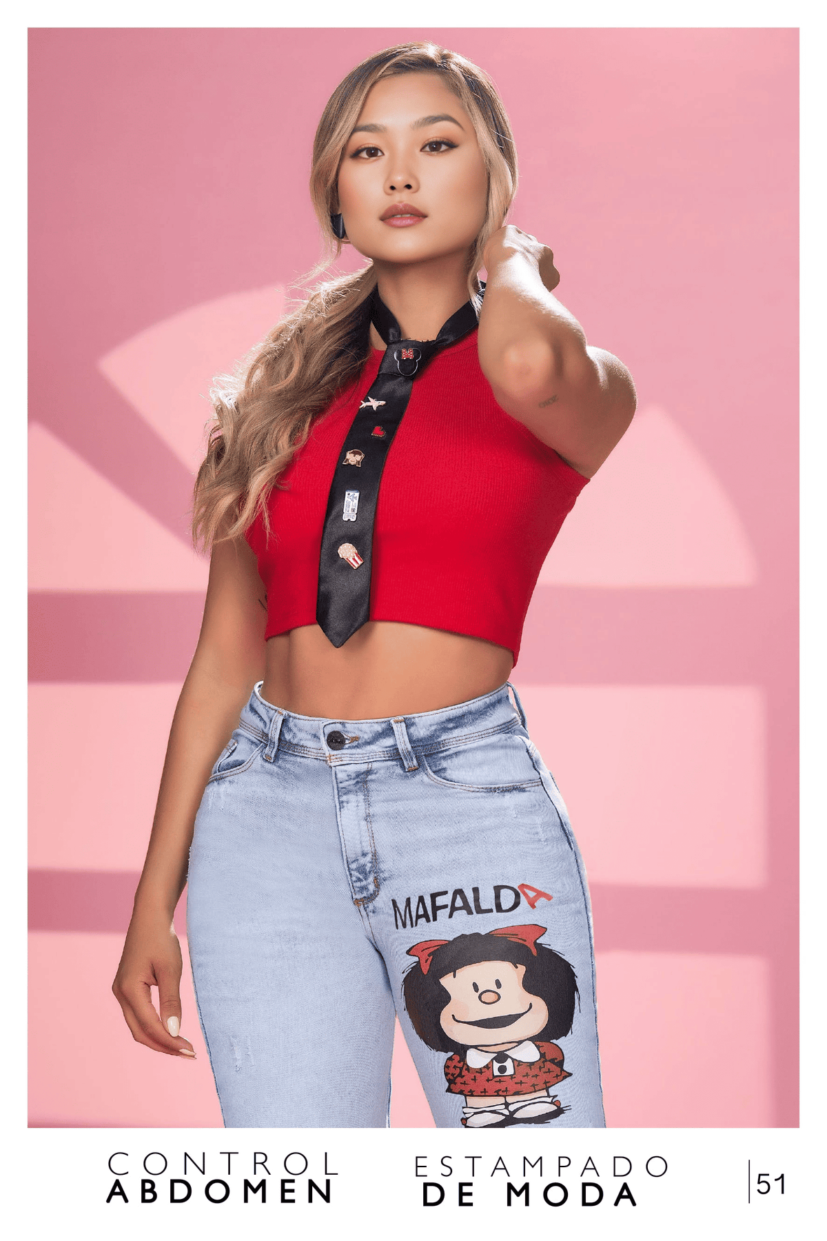 Pantalón Jean Colombiano Wide Leg Estampado Mafalda Tiro Alto