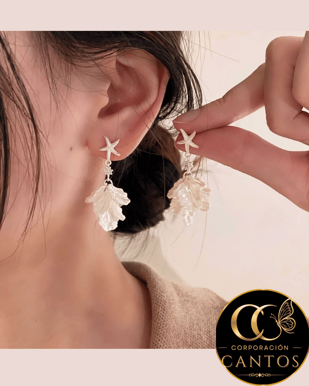 Aretes Colgantes Estrella de Mar & Pétalos de Nácar (Acero 316L)