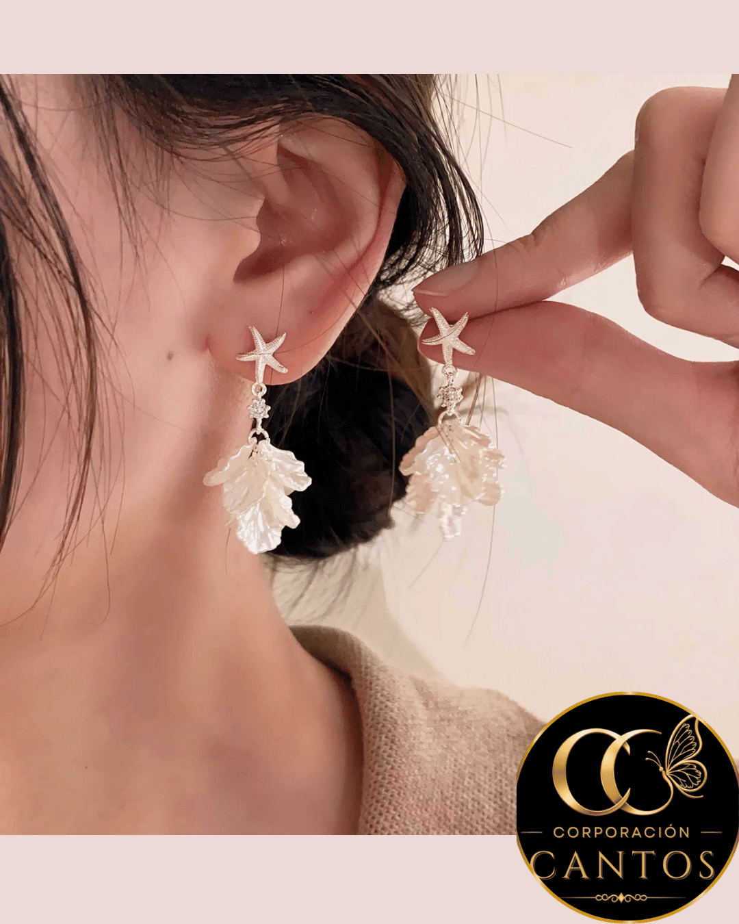 Aretes Colgantes Estrella de Mar & Pétalos de Nácar (Acero 316L)