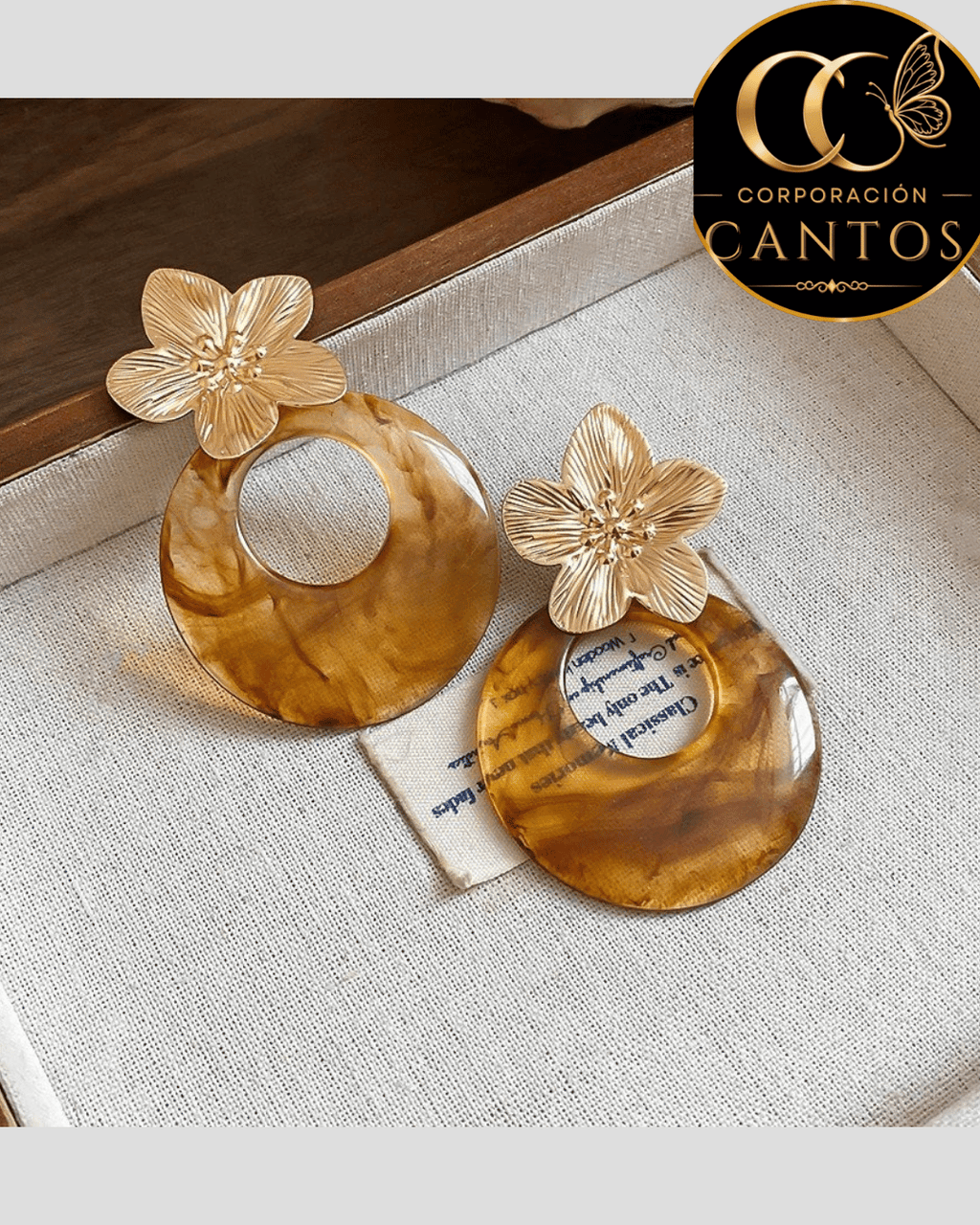 Aretes Broquel Flor & Argolla Ámbar (Acero 316L)
