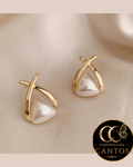Aretes Cruzados Triángulo de Perla (Acero 316L)