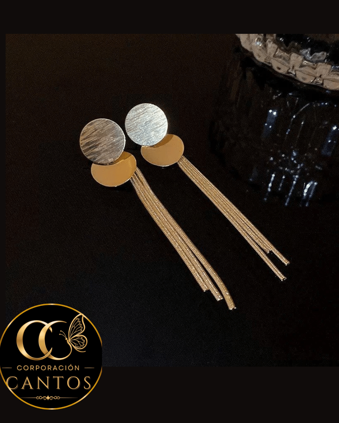 Aretes Colgantes Doble Disco & Cascada de Flecos (Acero 316L)
