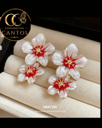 Aretes Doble Flor Esmaltada & Centro Rubí (Acero 316L)