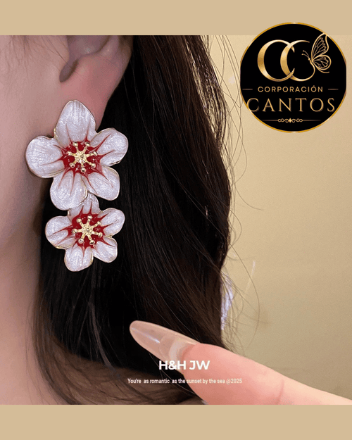 Aretes Doble Flor Esmaltada & Centro Rubí (Acero 316L)
