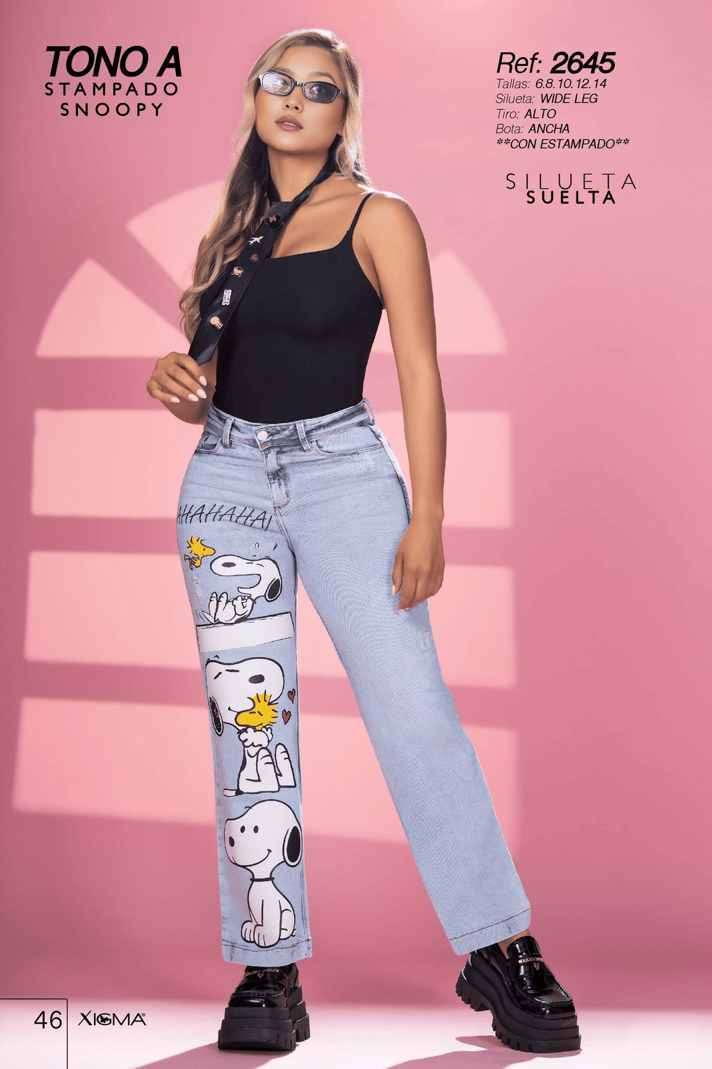 Pantalón Jean Colombiano Wide Leg Estampado Snoopy Tiro Alto