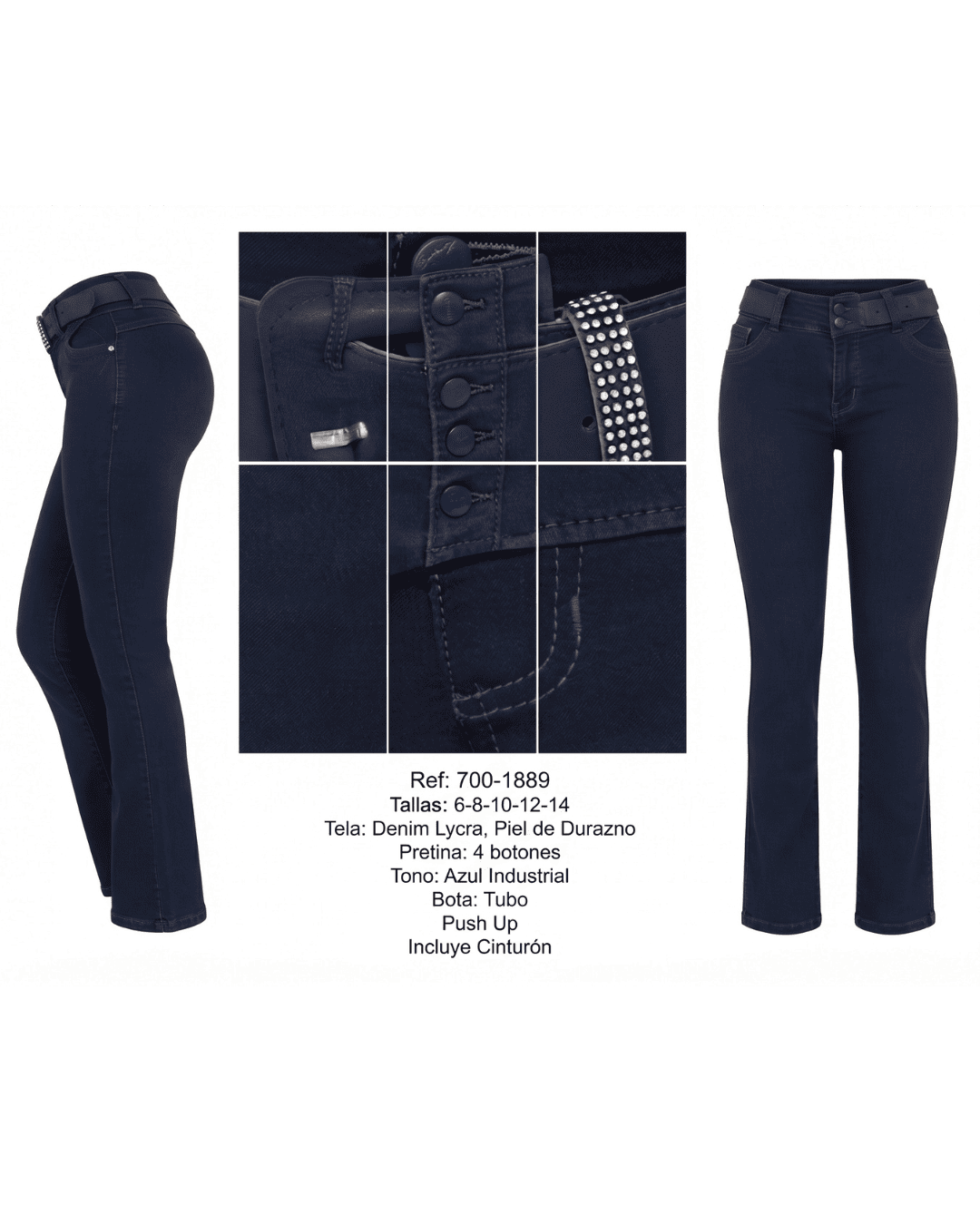Jeans Colombiano Azul Industrial Push-Up con Cinturón Incrustado (Ref: 700-1889)