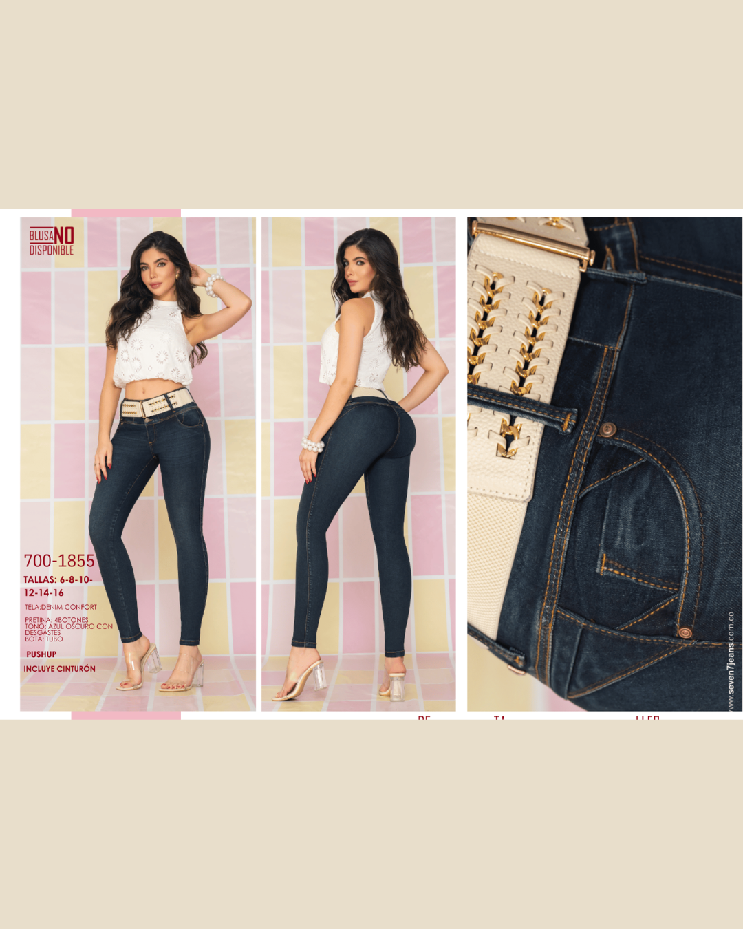 Jeans Colombiano Azul Oscuro Push-Up con Cinto Texturizado (Ref: 700-1855)