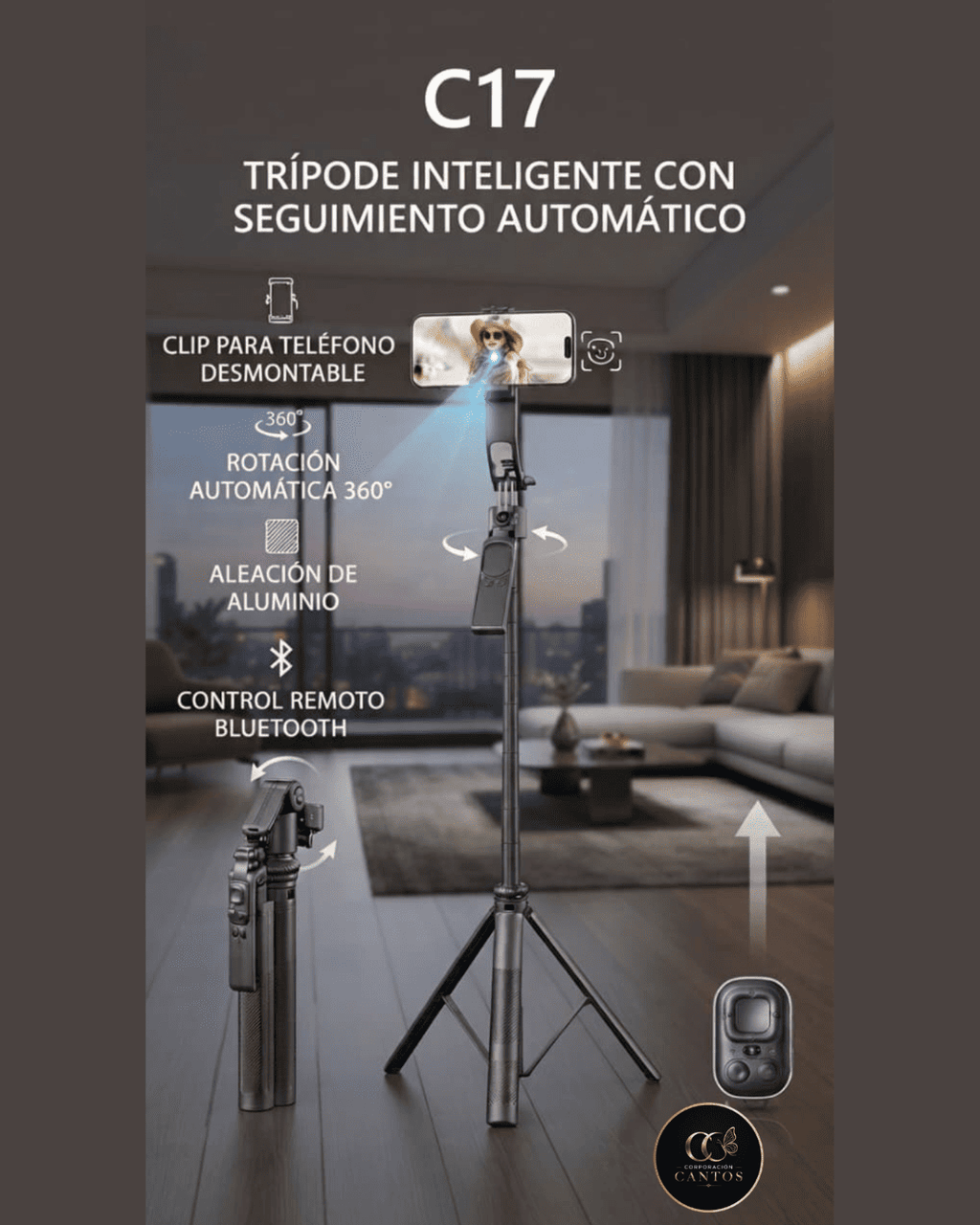 Trípode Inteligente con Seguimiento IA 360° y Control Remoto - Modelo C17