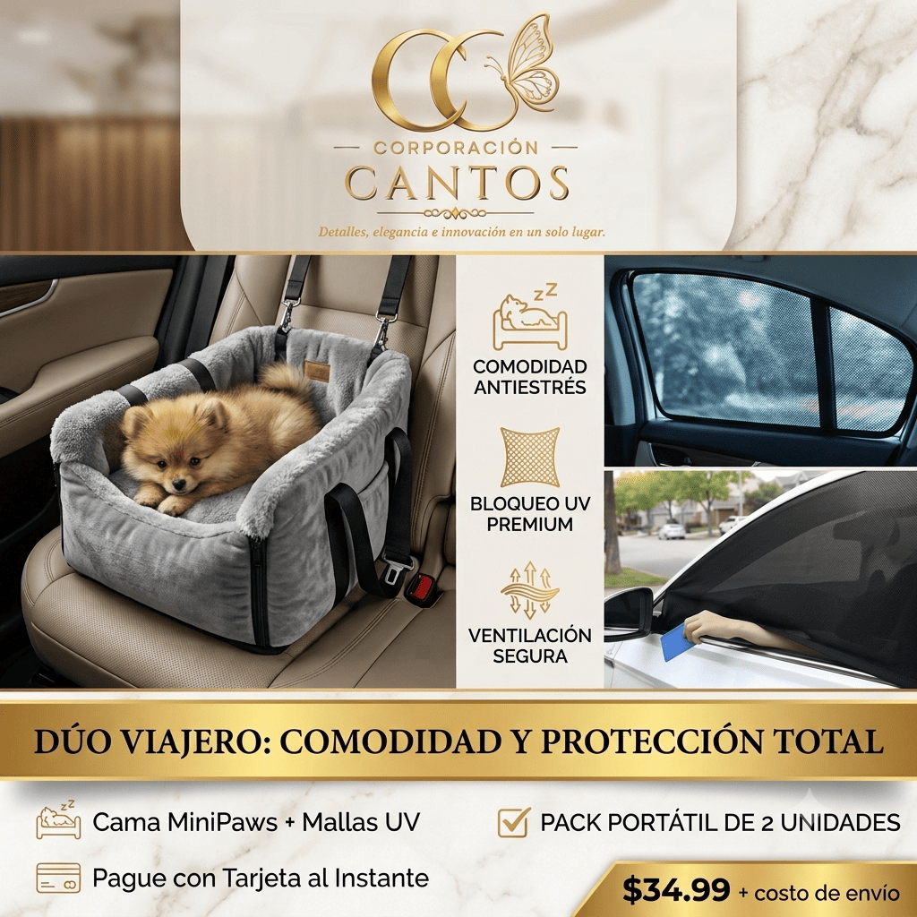 🐾 Cama Antiestrés MiniPaws + Mallas de Protección UV para Auto